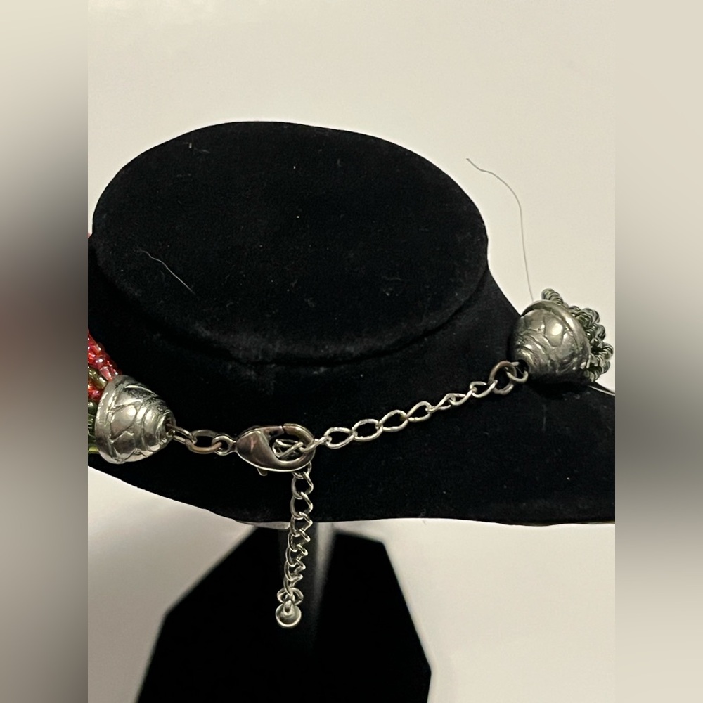 Beaded Multi-Strand Long Necklace with a Unique Red Green Pendant - Picture 2 of 5